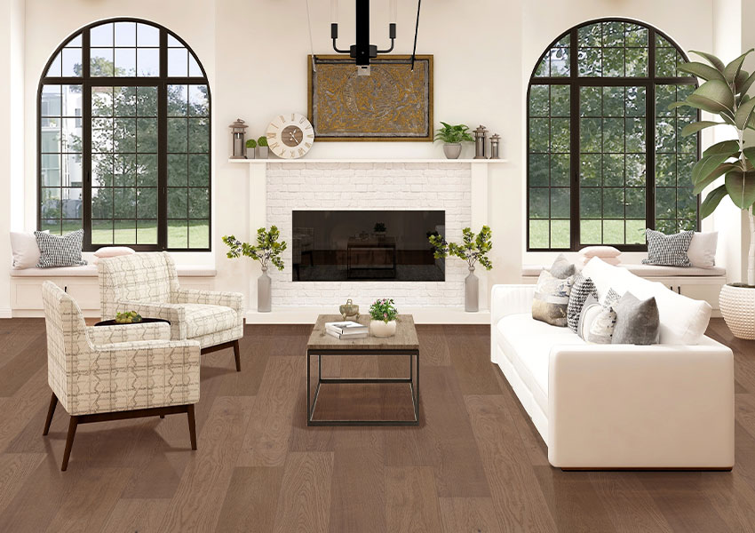 warm toned hardwood flooring in modern farmhouse living room